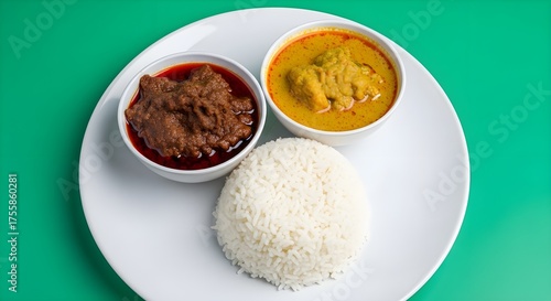 Delicious Asian Food Platter with Rice and Curries.
