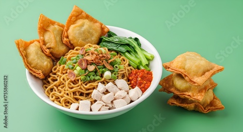 Delicious Asian Noodle Bowl with Wontons.
