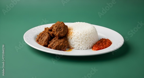 Delicious Beef Rendang with White Rice and Sambal.