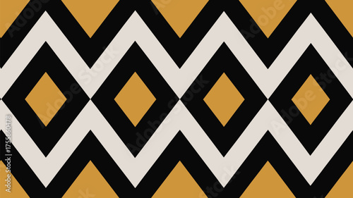 Abstract pattern featuring black and white zigzags and golden diamond shapes on a golden background