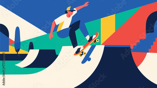 Illustration Of Skateboarder Doing A Trick On A Ramp In A Skate Park, With Dynamic Movement Vector Design Template