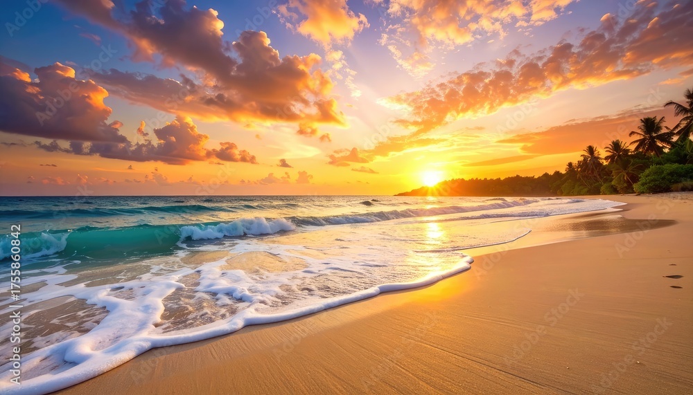 Obraz premium Golden sunset over a tropical beach with palm trees and gentle ocean waves