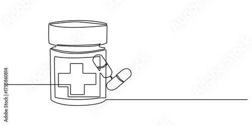 Continuous line drawing of medicine.Isometric single-line drawing of capsules and pills, including painkillers, antibiotics, vitamins, and aspirin in a modern minimal style.