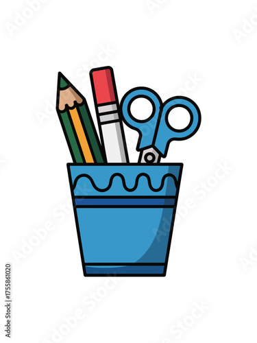 Desk organizer with pencils, eraser, and scissors, office supplies and stationery illustration