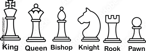 Black and white chess icons set, outline and solid collection of vector pieces, line style group design including king, queen, bishop, knight, rook, pawn illustrations