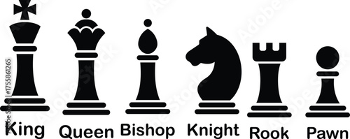 Black and white chess icons set, outline and solid collection of vector pieces, flat style group design including king, queen, bishop, knight, rook, pawn illustrations