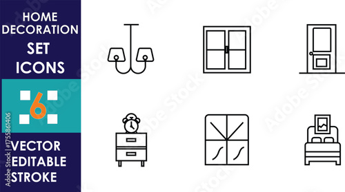 Minimalist home decoration icon set featuring chandelier, window, door, bedside table, clock, mirror, and bed. Clean editable stroke vector design for modern interiors