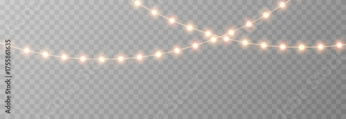 Christmas garland png. Bright Christmas golden lights. Christmas decoration for holiday design.