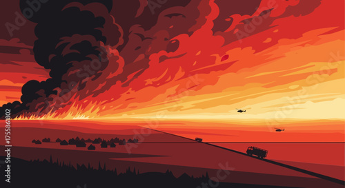 Large Wildfire Disaster Scene with Dark Smoke and Rescue Vehicles