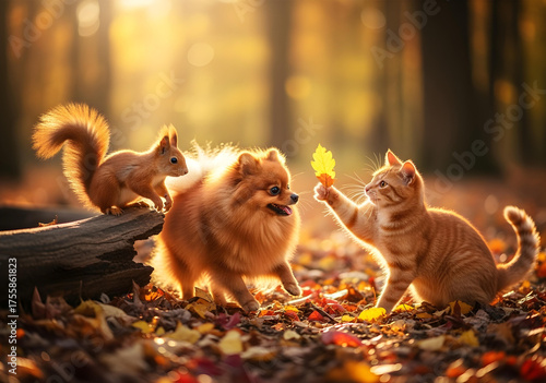 Playful pomeranian dog, ginger cat and red squirrel playing with yellow leaf in autumn forest, warm golden light, colorful foliage, cozy seasonal atmosphere, high quality photo