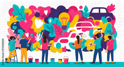 Team Painting Vibrant Street Art Graffiti on Brick Wall