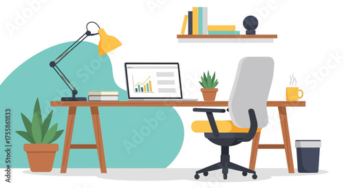 Home Office Workspace with Laptop, Desk, and Ergonomic Chair