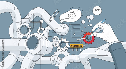 Complex System Diagram with Pipes, Gears, and Solution Concept