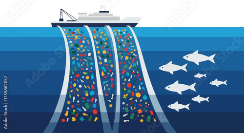 Ocean Pollution Cleanup Ship Trawling Microplastic and Debris: Sea Waste and Environment Protection Concept