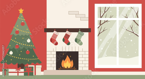 Cozy Christmas Eve Fireplace Scene: Decorated Tree, Stockings, and Snow Outside Window