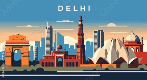 New Delhi India Skyline Landmark Vector: Flat Illustration of Qutub Minar, India Gate, and Lotus Temple