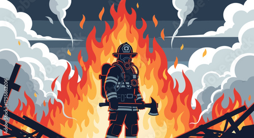 Heroic Firefighter Standing in Inferno of Massive Fire and Smoke: Emergency Rescue Illustration