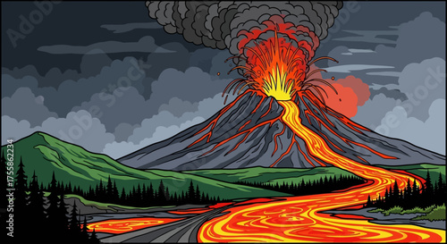 Volcano Eruption Retro Cartoon Illustration: Lava Flowing Through Forest Landscape with Ash Cloud