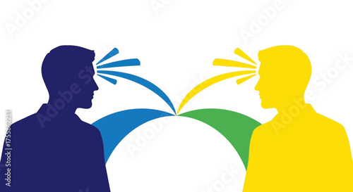 Telepathy or Communication Concept: Two Male Silhouettes Facing Each Other with Abstract Blue and Yellow Energy Beams Connecting Their Minds