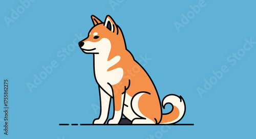 Cute Shiba Inu Dog Sitting in Profile with a Curly Tail and Traditional Orange-Red Coat, Rendered in a Minimalist Vector Style