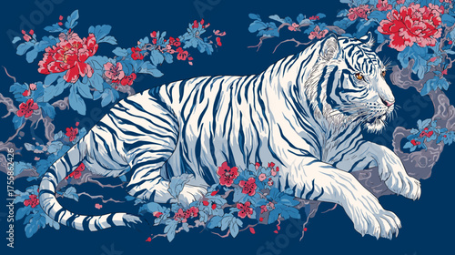 Vector illustration of a neo traditional and japanese tattoo design of a White tiger on a deep blue background