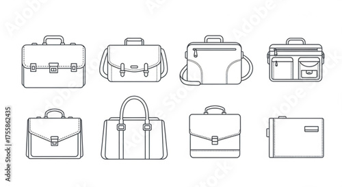 Set of eight different business briefcase and handbag line art vector illustration of various types of bags