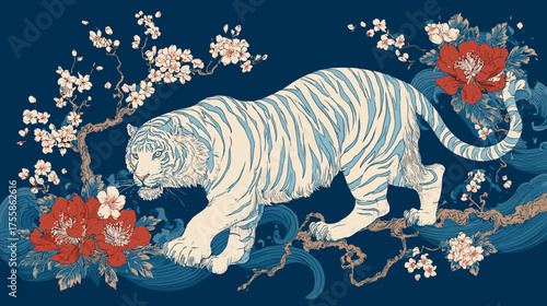 Vector illustration of a neo traditional and japanese tattoo design of a White tiger on a deep blue background