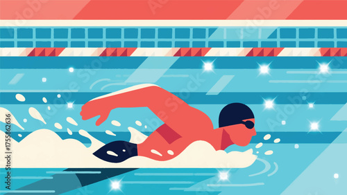 Illustration Of Swimmer Doing A Lap In A Sparkling Pool, With Water Splashes Vector Design Template