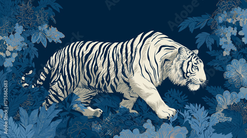 Vector illustration of a neo traditional and japanese tattoo design of a White tiger on a deep blue background