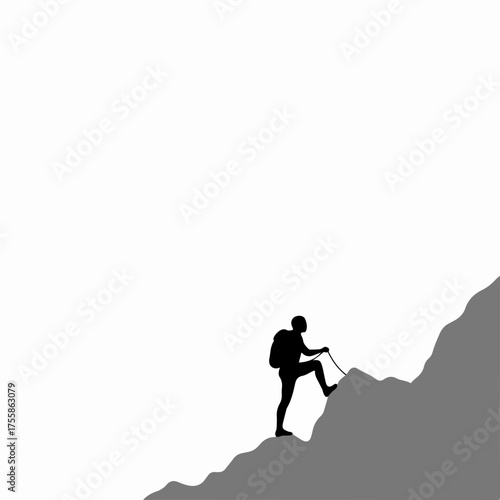 Silhouette Style Hiker Climbing Up Mountain Peak Nature Outdoor Illustration