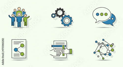 Collection of business icons depicting teamwork, communication, and data analysis, perfect for presentations and websites