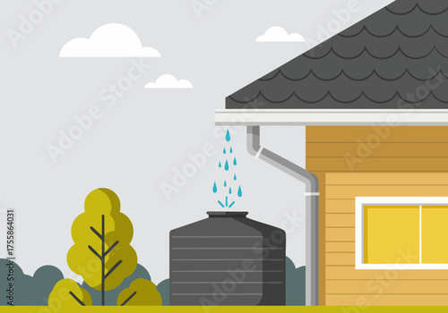 Rainwater flows from a black water tank onto a house's gutter. A sunny outdoor scene with a tree and house. Clean, modern illustration.