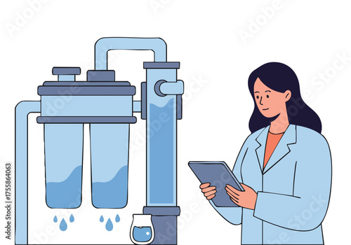 A female scientist analyzes a water filter with a tablet, showcasing a modern laboratory setting. Clean lines and a professional aesthetic.