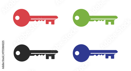 Four colorful keys in red green black and blue are shown