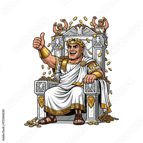 Victorious Roman Emperor on Throne Throws Gold Coins Celebrating Wealth and Success with Thumbs Up