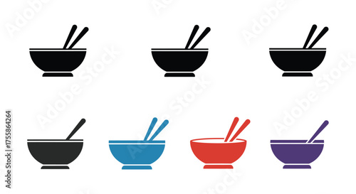 Six different colored and styled icons of bowls with chopsticks