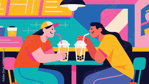 Illustration Of Two Friends Catching Up Over Bubble Tea At A Vibrant, Modern Tea Shop, With Unique Drink Vector Design Template