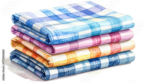Colorful checked kitchen towels stacked neatly for home decor and practical use isolated on transparent background 