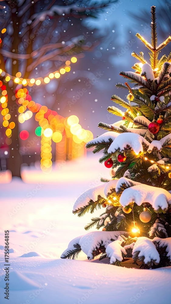 Fototapeta premium A decorated evergreen tree on a snowy evening with festive lights glowing