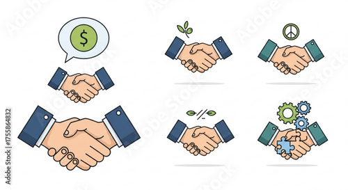 Handshake collection with various business concepts symbol of agreement, partnership, cooperation and success