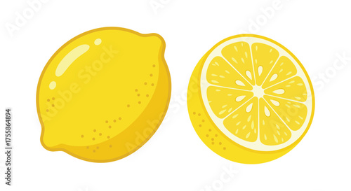 Fresh yellow lemons in illustration one whole and one sliced in half