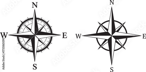 Compass Rose Vector Silhouette - Navigation Direction Symbol Design