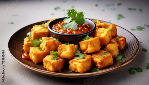 Crispy Golden Paneer Bites With Spicy Chili Chutney And Fresh Cilantro Garnish A Delicious Appetizer