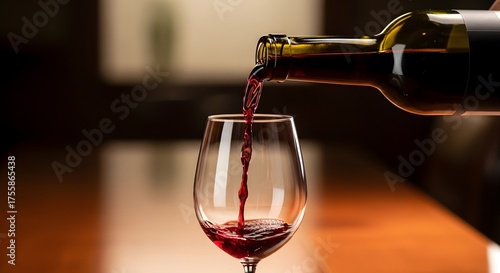 Red Wine Pouring into Glass from Green Bottle with Blurred Background