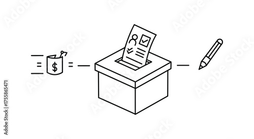 Simple line drawing depicts a ballot box with a ballot and pencil