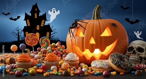 Glowing Jack-o'-Lantern with Halloween Treats and Haunted House Background