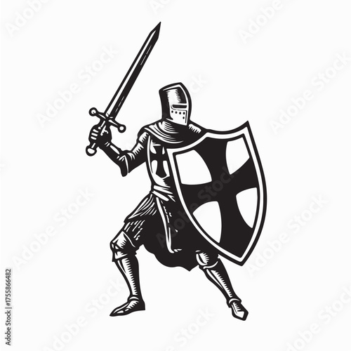 Crusader Knight Sword Shield Retro Stock Illustrations Isolated on white background