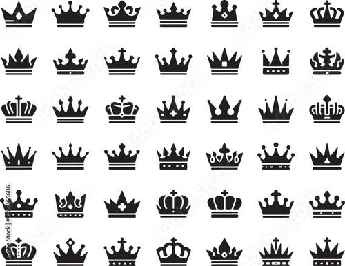 Crown Icons Set – Royal Vector Collection of King and Queen Crowns, Luxury Silhouette, Monochrome Symbol Design, Elegant Emblem Art