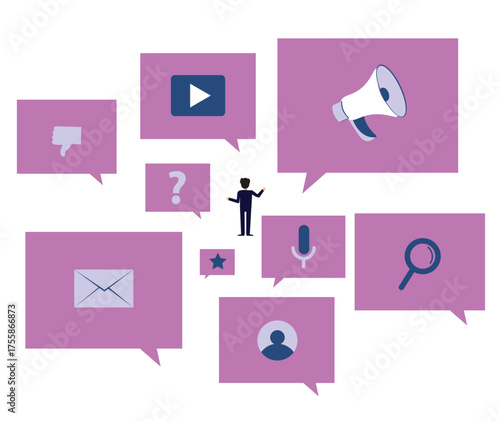 Business and social media vector concept. Symbol of stress, information overload. Man around speech balloon