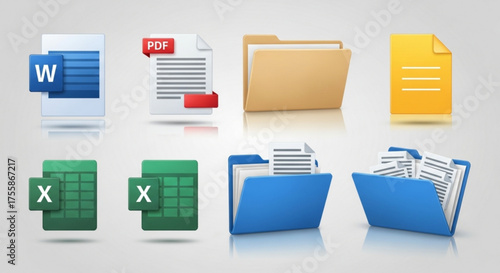 Set of file format and folder icons document types, extensions, different file formats vector illustration of office documents